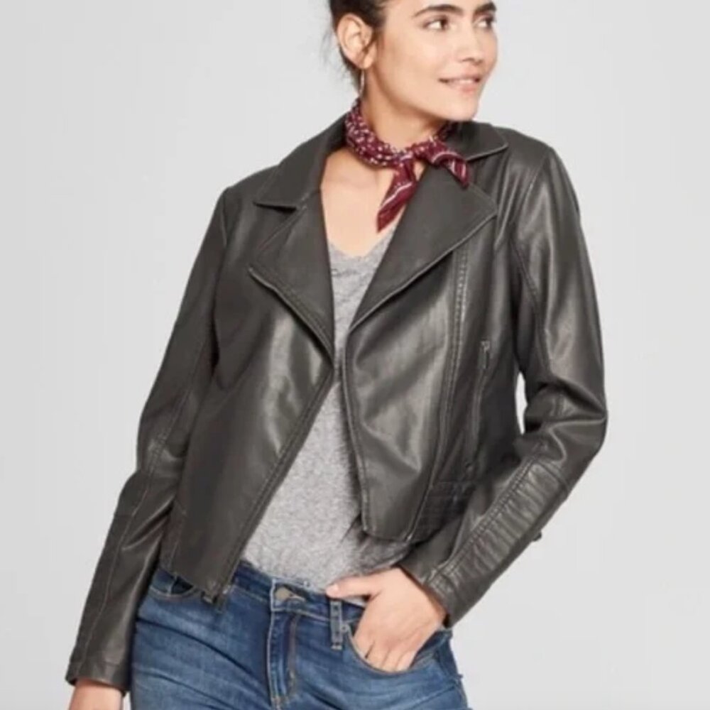Universal Thread Black Faux Leather Moto Zip-Up Jacket | Size L